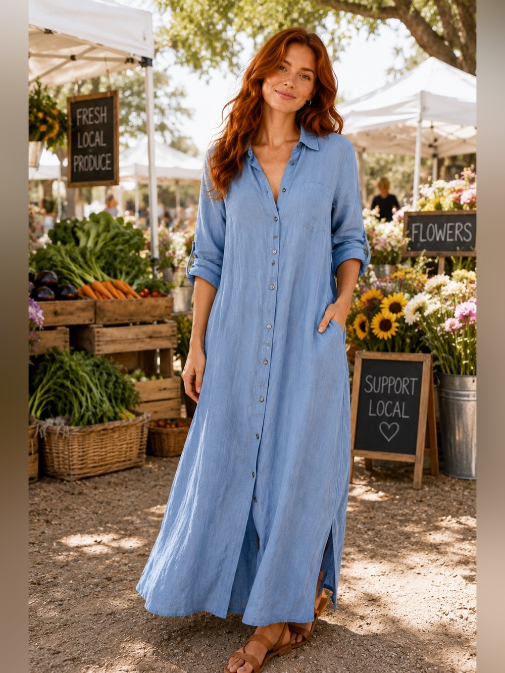 NWT Celandine Light Blue Linen Blend Coastal Resort Button Front Shirt Dress S